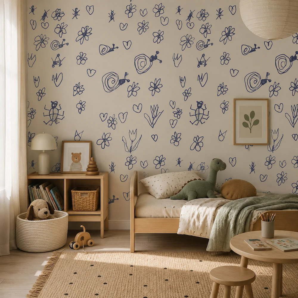 Children's room wallpaper mockup made from handmade bullet journal doodles